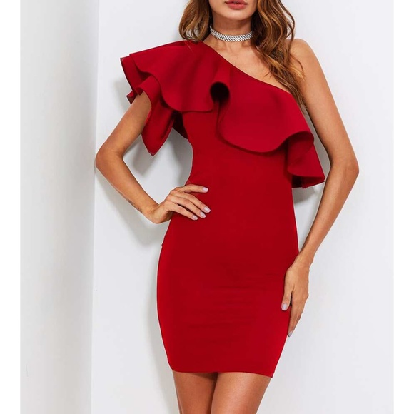 MBM Unlimited Dresses & Skirts - Red One Shoulder Statement Ruffle Bodycon Dress